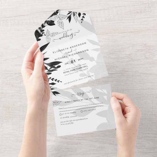 HAUSHALT Schwarze Rose Elegante White Wedding Einl All In One Einladung (Abreißen)