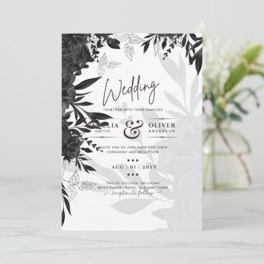 HAUSHALT Schwarze Rose Elegante White Wedding Einl Einladung (Stehend Vorderseite)