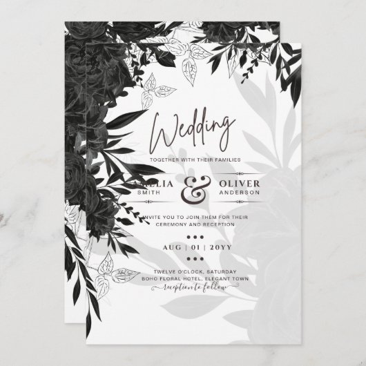 HAUSHALT Schwarze Rose Elegante White Wedding Einl Einladung (Vorne/Hinten)