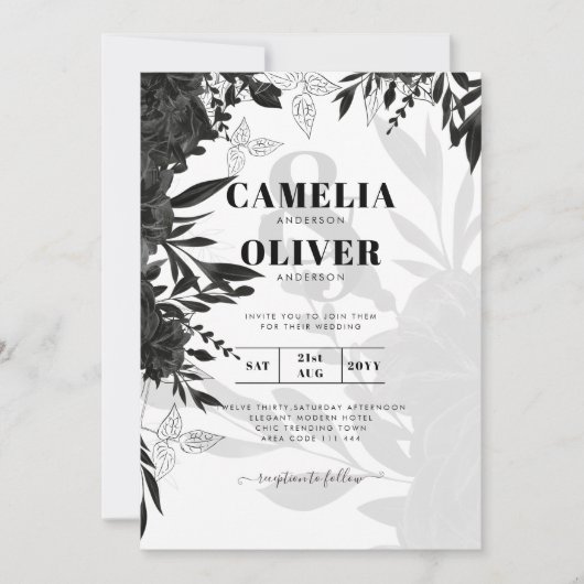 HAUSHALT Schwarze Rose Elegante White Wedding Einl Einladung (Vorderseite)