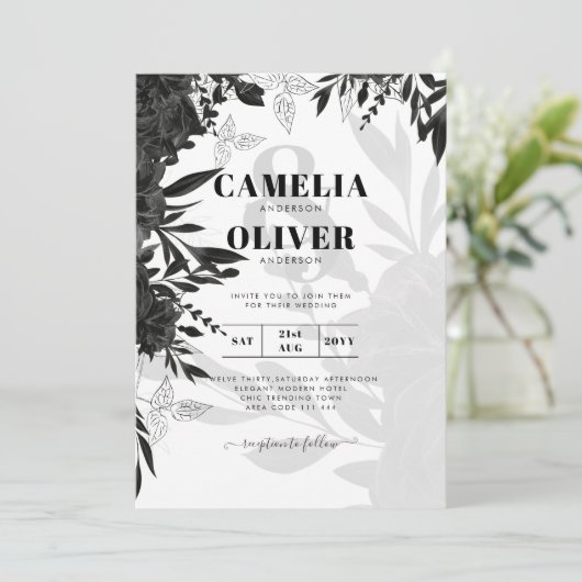 HAUSHALT Schwarze Rose Elegante White Wedding Einl Einladung (Stehend Vorderseite)