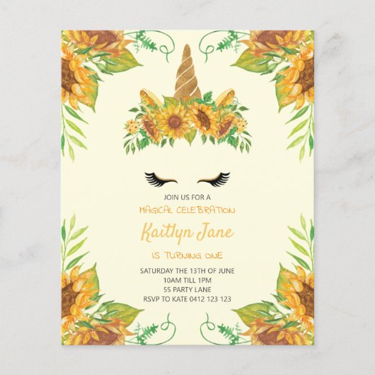 HAUSHALT Sonnenblumen Einhorn Gelbe Einladung (Vorderseite)