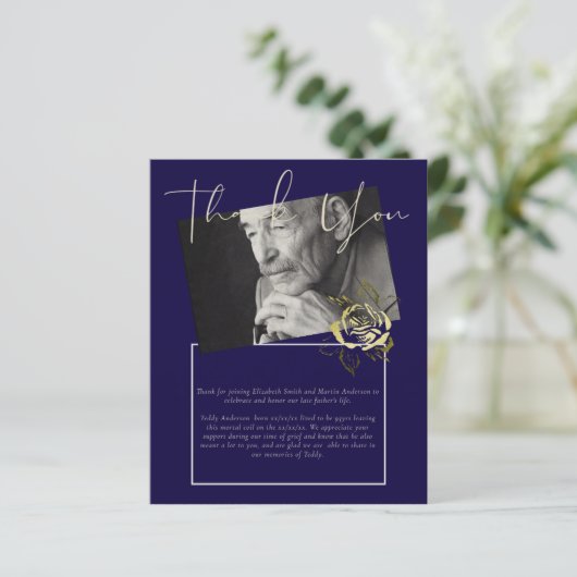 HAUSHALTSBegräbnis Danke Foto Navy Blue Gold (Stehend Vorderseite)