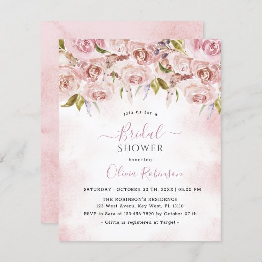 Haushaltsblass Rosa Blumendusche Einladung (Vorne/Hinten)