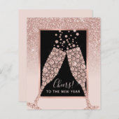 Haushaltsblass Rosa Glitzer Champagner Neujahrskar (Vorne/Hinten)