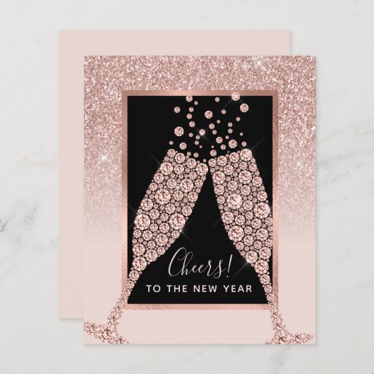 Haushaltsblass Rosa Glitzer Champagner Neujahrskar (Vorne/Hinten)
