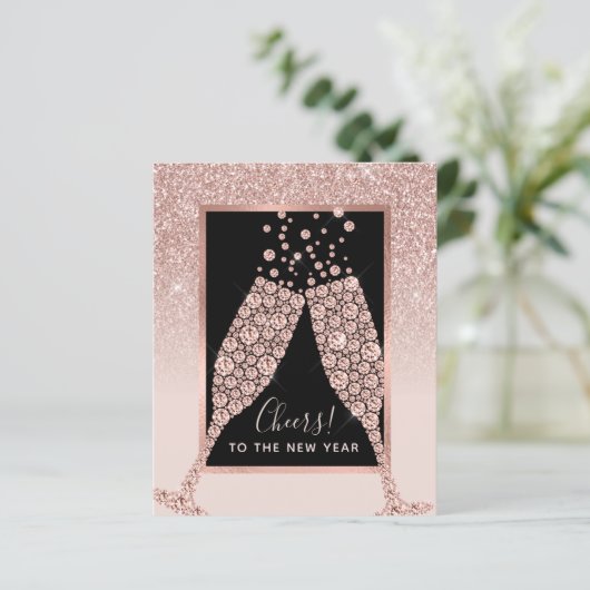Haushaltsblass Rosa Glitzer Champagner Neujahrskar (Stehend Vorderseite)