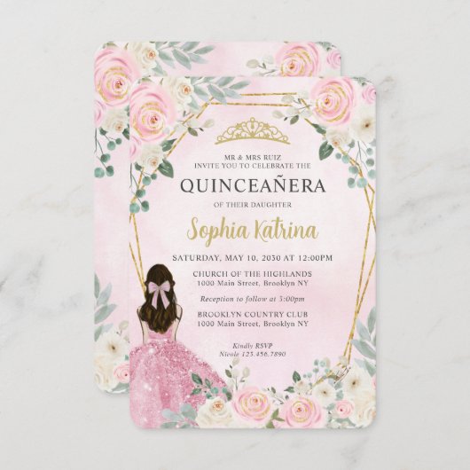 Haushaltsblass Rosa Gold BlumenPrinzessin Quinceañ Mitteilungskarte (Vorne/Hinten)