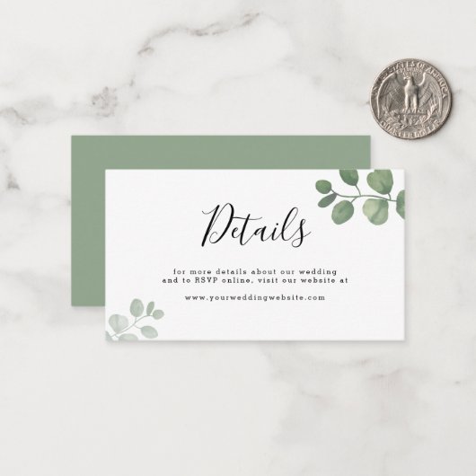 HAUSHALTSDATEN Grüne Eukalyptus-Hochzeitdetails Mitteilungskarte (Vorderseite/Rückseite Beispiel)