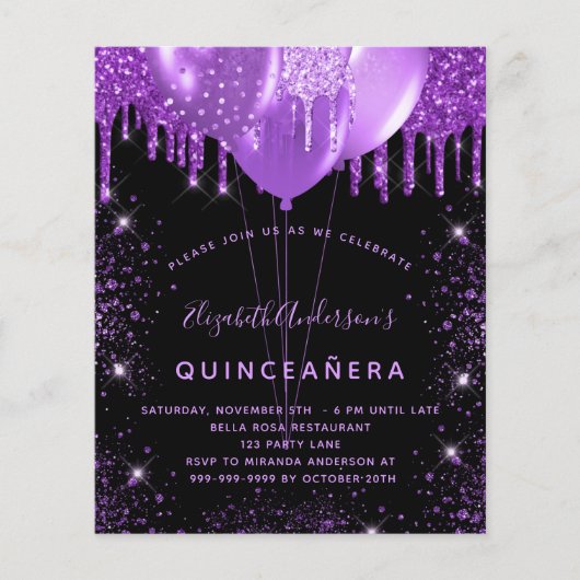 Haushaltseinladung für lila Glitzer in Quinceanera Flyer (Vorne)