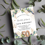 Haushaltseinladung zum 50. Geburtstag für Eukalypt Flyer<br><div class="desc">Bitte beachten Sie, dass diese Einladung auf Flyer Papier und sehr dünn ist. Umschläge sind nicht enthalten. Für dickere Einladungen (gleiche Gestaltung) besuchen Sie bitte unseren Shop. Für eine 50. Geburtstagsparty. Weiß, mit Eukalyptusgrün und goldenen Blätter dekoriert. Golden Imitats Glitzer Spots. Personalisieren und fügen Sie Ihre Namen und Hochzeitsdetails. Schwarze...</div>