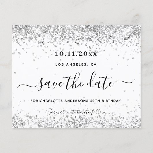 Haushaltsgeburt Weißsilber-Glitzer Save the Date (Vorderseite)