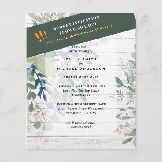 HAUSHALTSGlassgrün Eukalyptus-Blätter Hochzeit Flyer (Vorne)