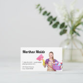 Haushaltshilfe | Reinigungsraum Lady Holding Broom Visitenkarte (Stehend Vorderseite)