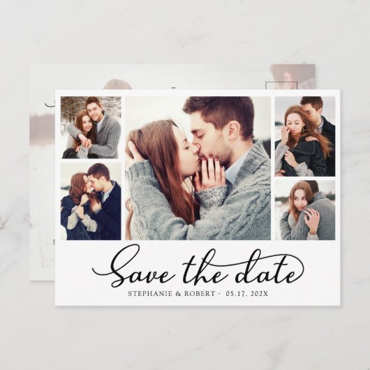Haushaltskalligrafie 5 FotoCollage Save the Date Ankündigungspostkarte (Vorne/Hinten)