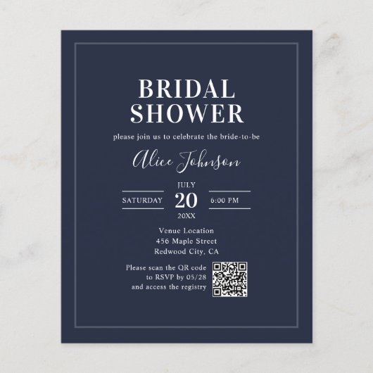 Haushaltskalligrafie QR Code Navy Blue Brautparty (Vorderseite)