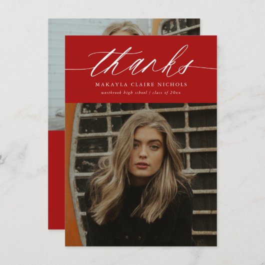 Haushaltskalligrafie Zwei Foto Roter Abschluss Dankeskarte (Vorne/Hinten)