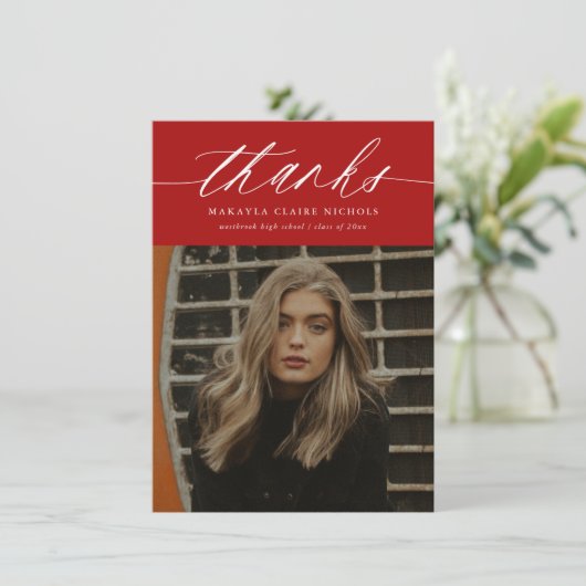Haushaltskalligrafie Zwei Foto Roter Abschluss Dankeskarte (Stehend Vorderseite)