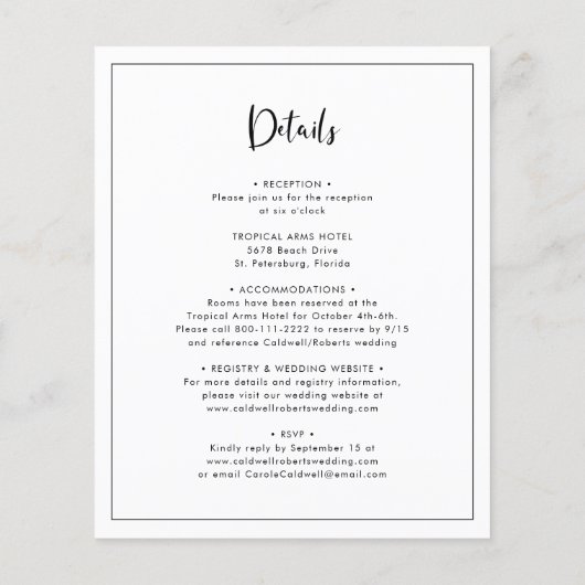 Haushaltskalligraphie Details zur Hochzeitsfeier (Rückseite)