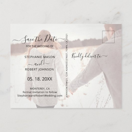 Haushaltskalligraphie FotoCollage Save the Date Ankündigungspostkarte (Rückseite)