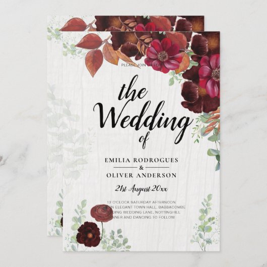 HAUSHALTSKONTROLLE 1 Rustikale Herbstmaroon Burgun Einladung (Vorne/Hinten)