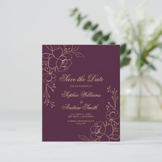 HAUSHALTSKONTROLLE & Gold-Blume Save the Date Kart (Stehend Vorderseite)