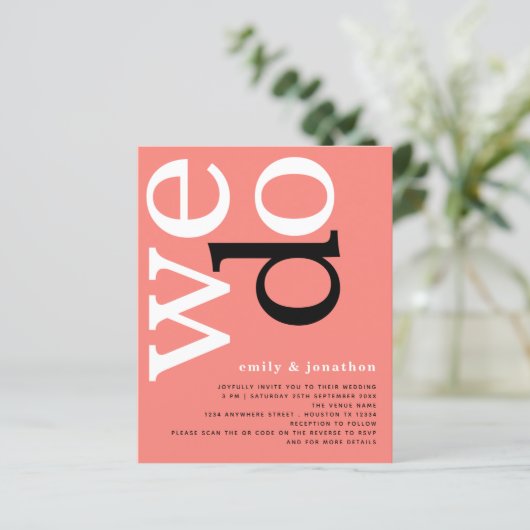 HAUSHALTSKORAL-Rose Text QR-Code Hochzeit einladen (Stehend Vorderseite)