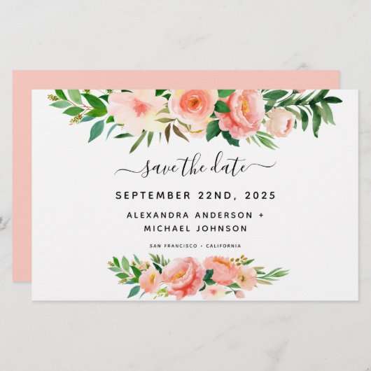 Haushaltskorallen Peach Floral Save the Date Einla (Vorne/Hinten)