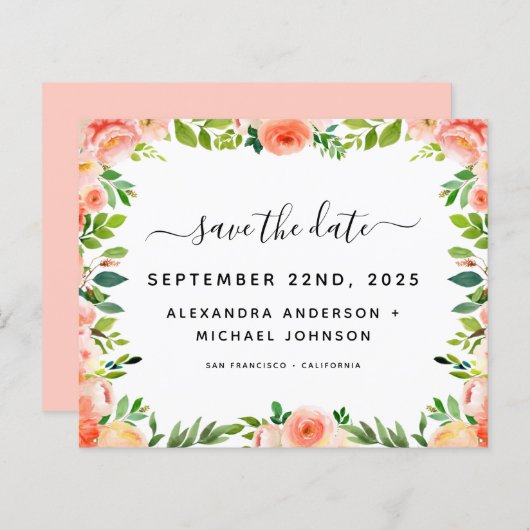 Haushaltskorallen Peach Floral Save the Date Einla (Vorne/Hinten)