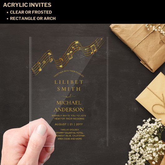 HAUSHALTSKRITERIEN Hochzeiten MUSIKNOTEN Gold Text Acryleinladungen