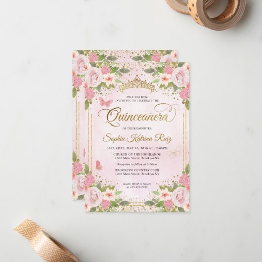 Haushaltsmittel Blumenrot Rosa Glitzer Quinceañera Mitteilungskarte (Vorderseite/Rückseite Beispiel)