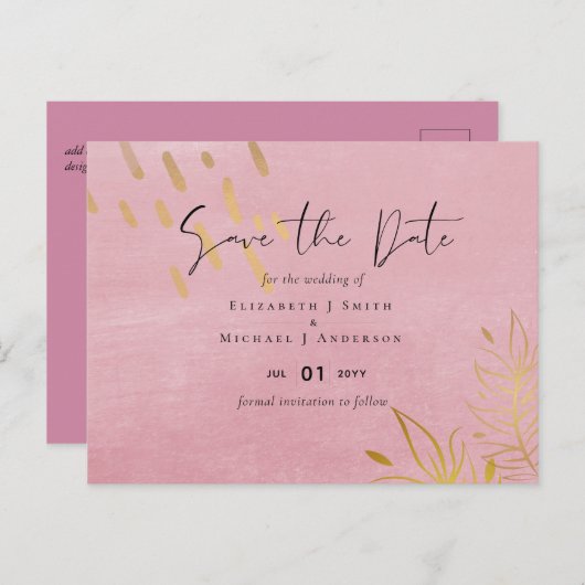 HAUSHALTSMITTEL Dusty Pink Gold Hochzeit Postkarte (Vorne/Hinten)