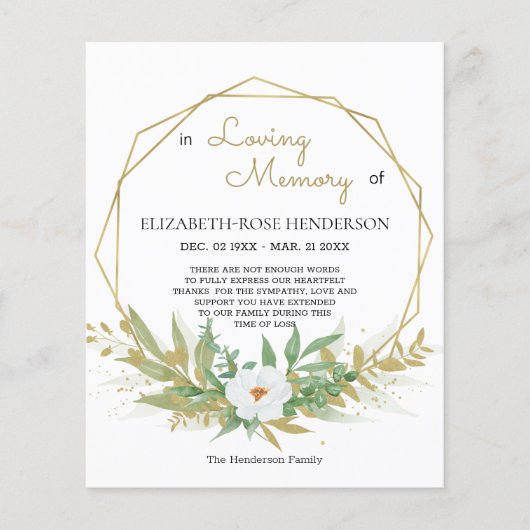 HAUSHALTSMITTEL FLORAL BEILEID MEMORIAL DANKE KART FLYER (Vorne)