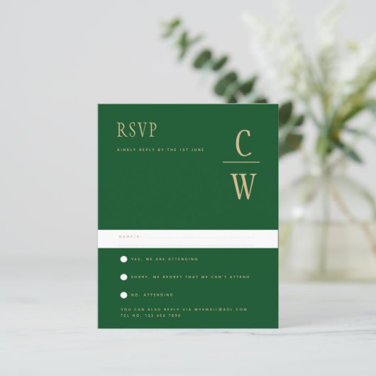 HAUSHALTSMITTEL Smarald Green Gold Wedding RSVP (Stehend Vorderseite)