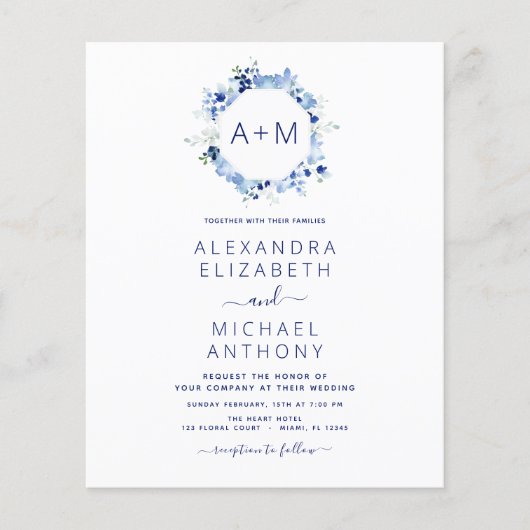 Haushaltsmonogramm Dusty Blue Floral Wedding Flyer (Vorne)