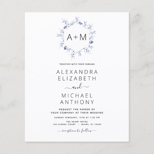 Haushaltsmonogramm Dusty Blue Floral Wedding Flyer (Vorne)