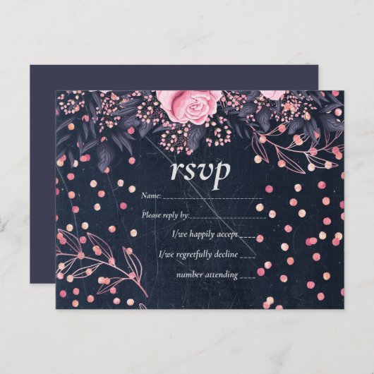 HAUSHALTSNavy Rosa Rosegold Hochzeit Floral Einladungspostkarte (Vorne/Hinten)