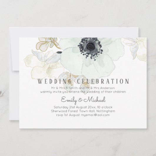 HAUSHALTSNavy White Gold Floral Wedite Einladung (Vorderseite)