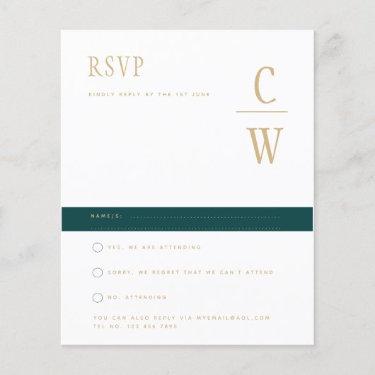 HAUSHALTSPfau AQUAMARIN grünes Gold Hochzeit RSVP Flyer (Vorne)
