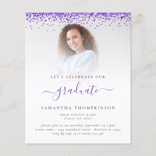 Haushaltsplan 2024 Grad Foto Lila Glitzer Einladun (Vorderseite)