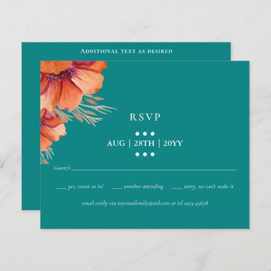 HAUSHALTSPLAN Aquamarin Orange Floral Wedding RSVP (Vorne/Hinten)