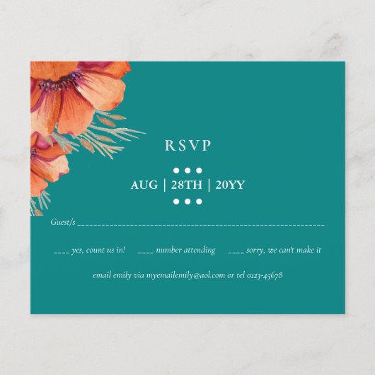 HAUSHALTSPLAN Aquamarin Orange Floral Wedding RSVP (Vorderseite)