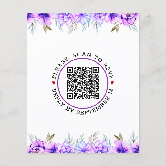 HAUSHALTSQR-Code violette Blumen Hochzeitseinladun (Rückseite)
