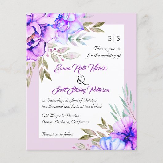 HAUSHALTSQR-Code violette Blumen Hochzeitseinladun (Vorderseite)