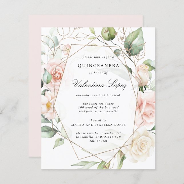 Haushaltsrosa Blumenkohle Party Einladung (Vorne/Hinten)