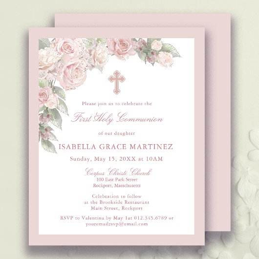 Haushaltsrosa Rose Floral Erste Kommune Einladung