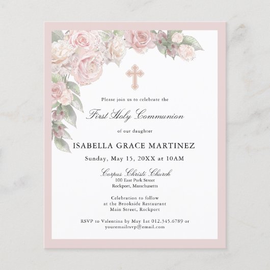 Haushaltsrosa Rose Floral Erste Kommune Einladung (Vorderseite)