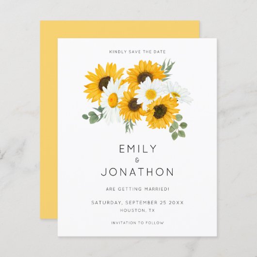 Haushaltsrustikale Sonnenblumen Save the Date gelb (Vorne/Hinten)