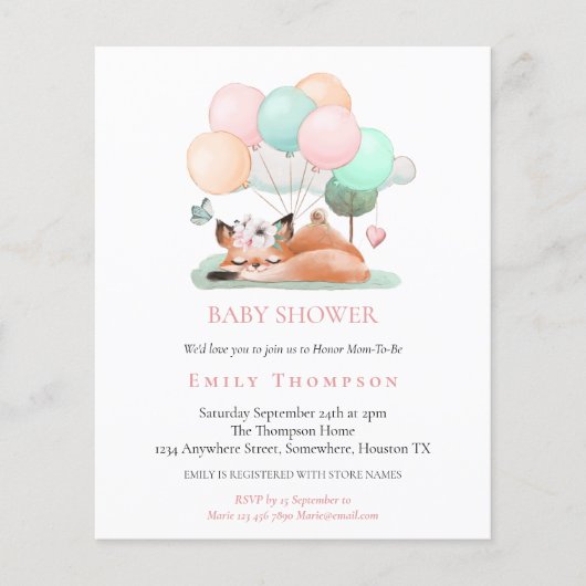 Haushaltsschlafende Fox Pink Babydusche Einladung (Vorderseite)