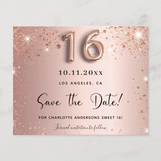 Haushaltssüße 16 Rose Gold Glitzer Save the Date (Vorderseite)